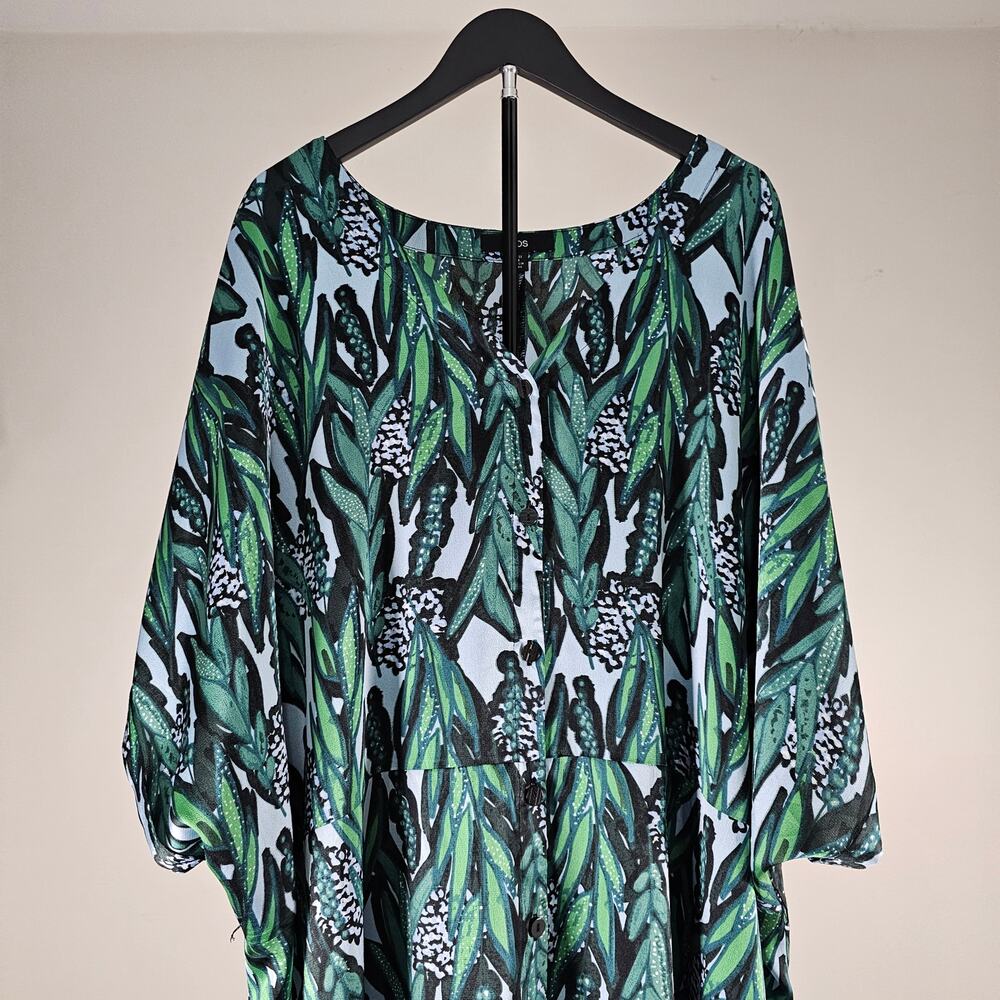 Ellos Womens Plus Size 30/32 3X Green Leaf Print Front Maxii Dress Casual Flowy